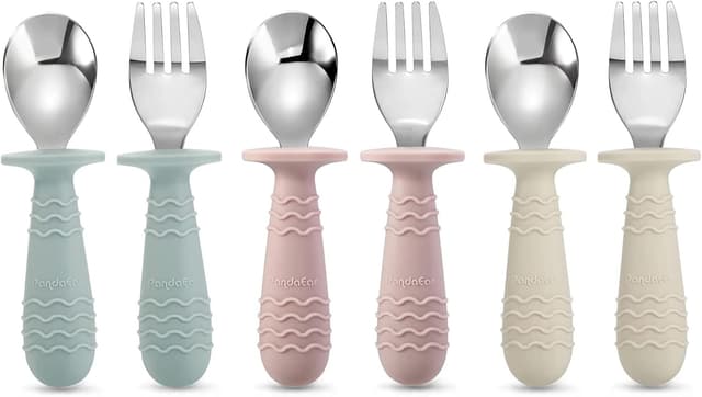 PandaEar 6 Pieces Baby Toddler Silicone Stainless Steel Utensils Silverware Spoon Fork for Baby Toddler BPA Free with Silicone Holding Anti-Choke Design