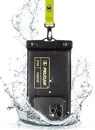 Pelican Marine - IP68 Waterproof Phone Pouch / Case (Regular Size) - Floating Waterproof Phone Case For iPhone 15 Pro Max/ 14 Pro Max/13 Pro Max/12/S24 Ultra - Detachable Lanyard - Black/Hi-Vis Yellow