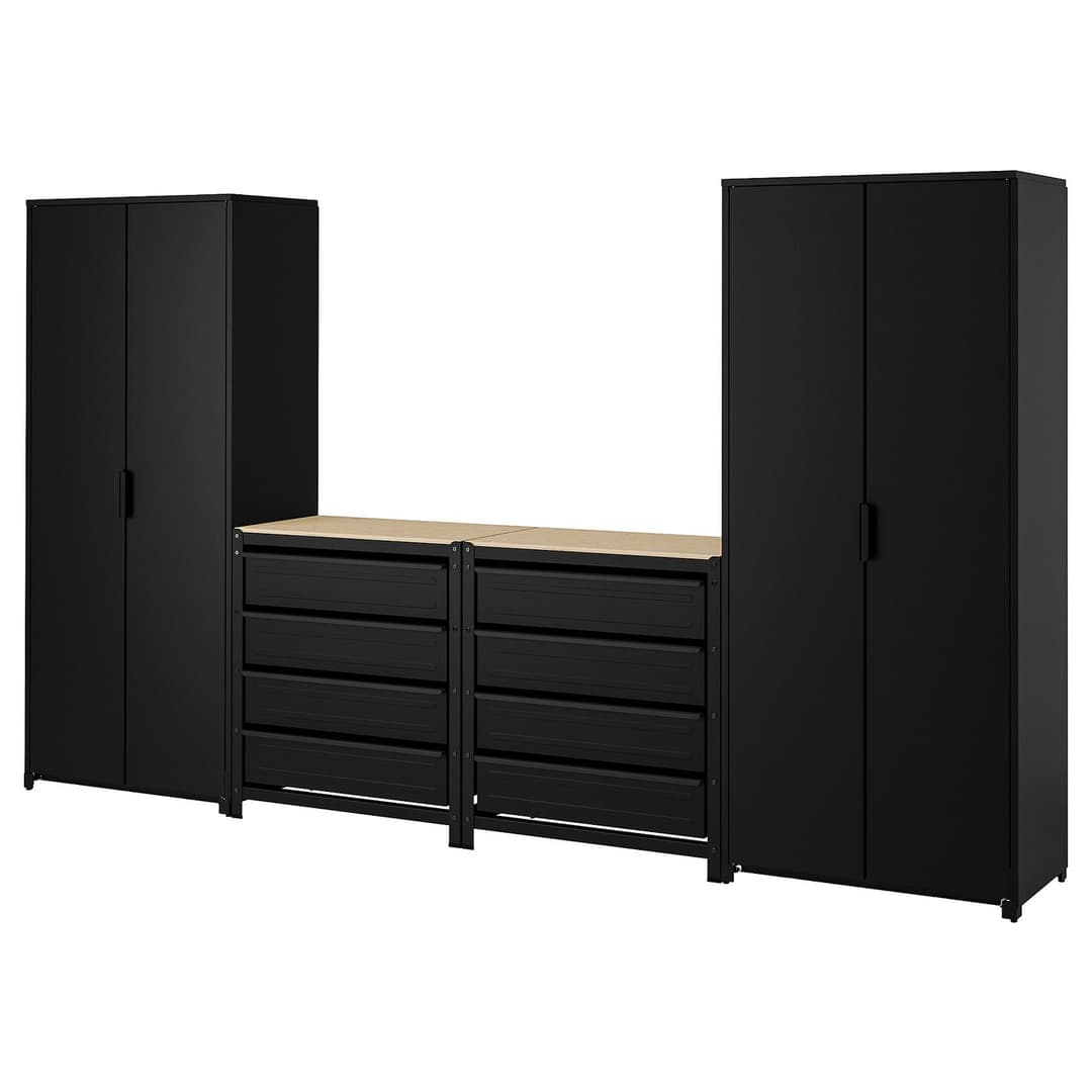BROR storage with cabinet/work bench, black/pine plywood, 340x40x191 cm