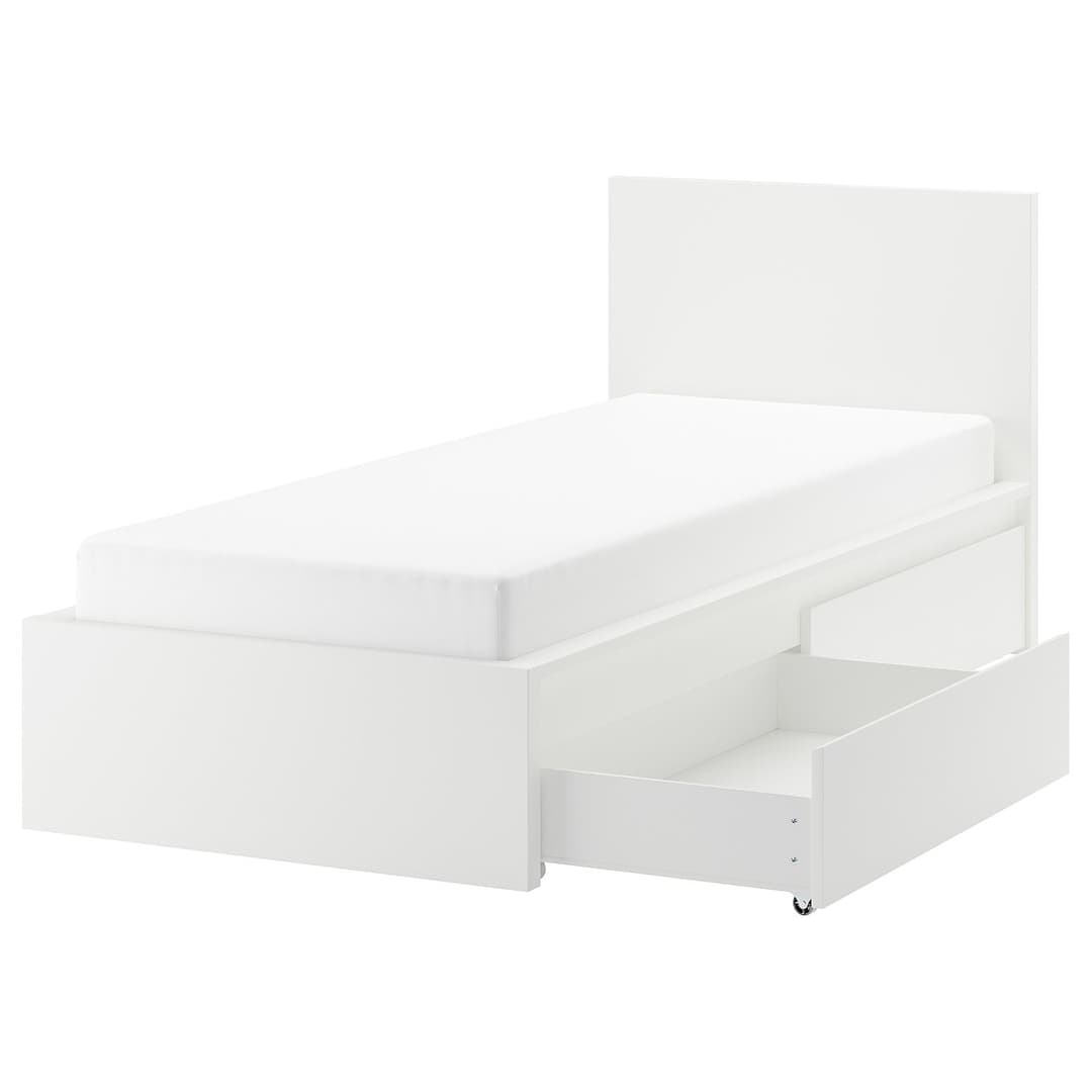 MALM bed frame, high, w 2 storage boxes, white/Luröy, Standard Single