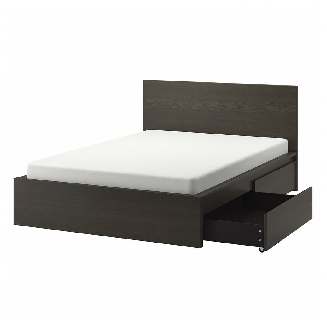 MALM high bed frame/2 storage boxes, dark brown veneer/Luröy, Queen
